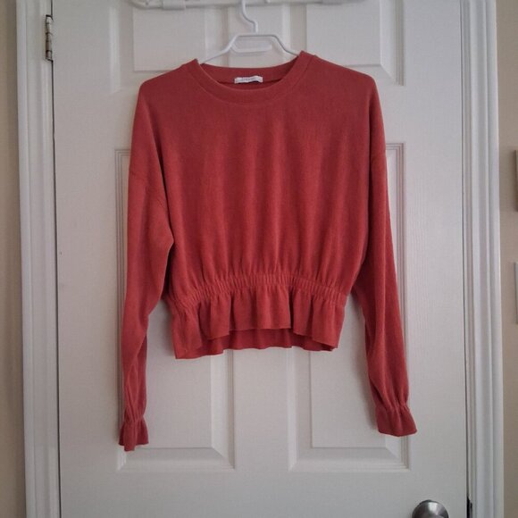 Zara Women's Size Small Coral Pink Ribbed Long Sleeve Peplum Boho Top - Picture 2 of 10